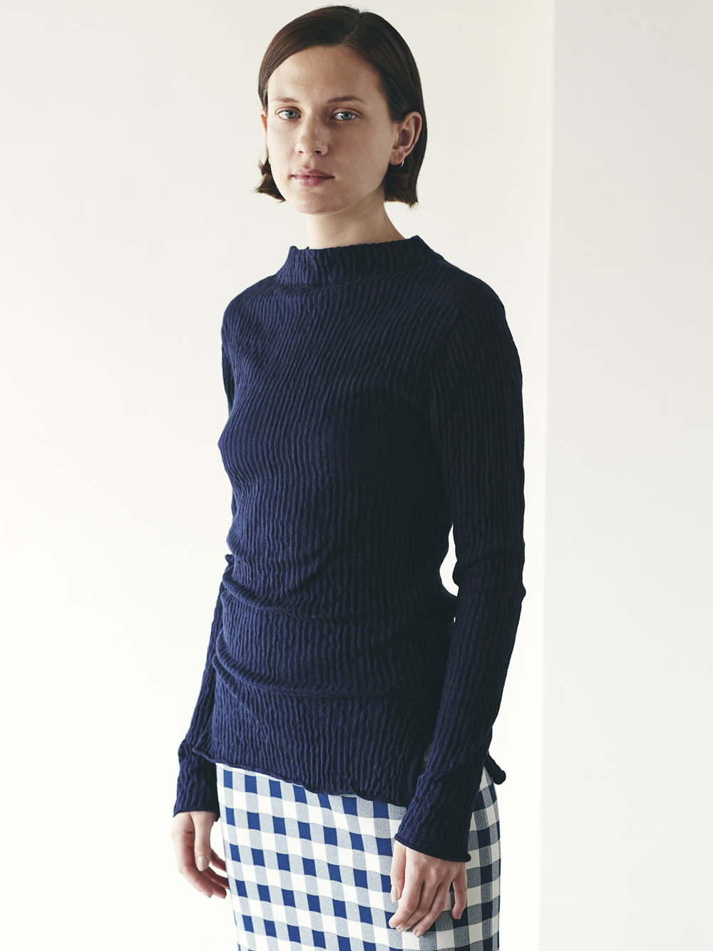 cotton shirring build neck knit pullover