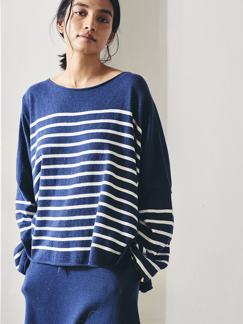  recycle denim knit border top 