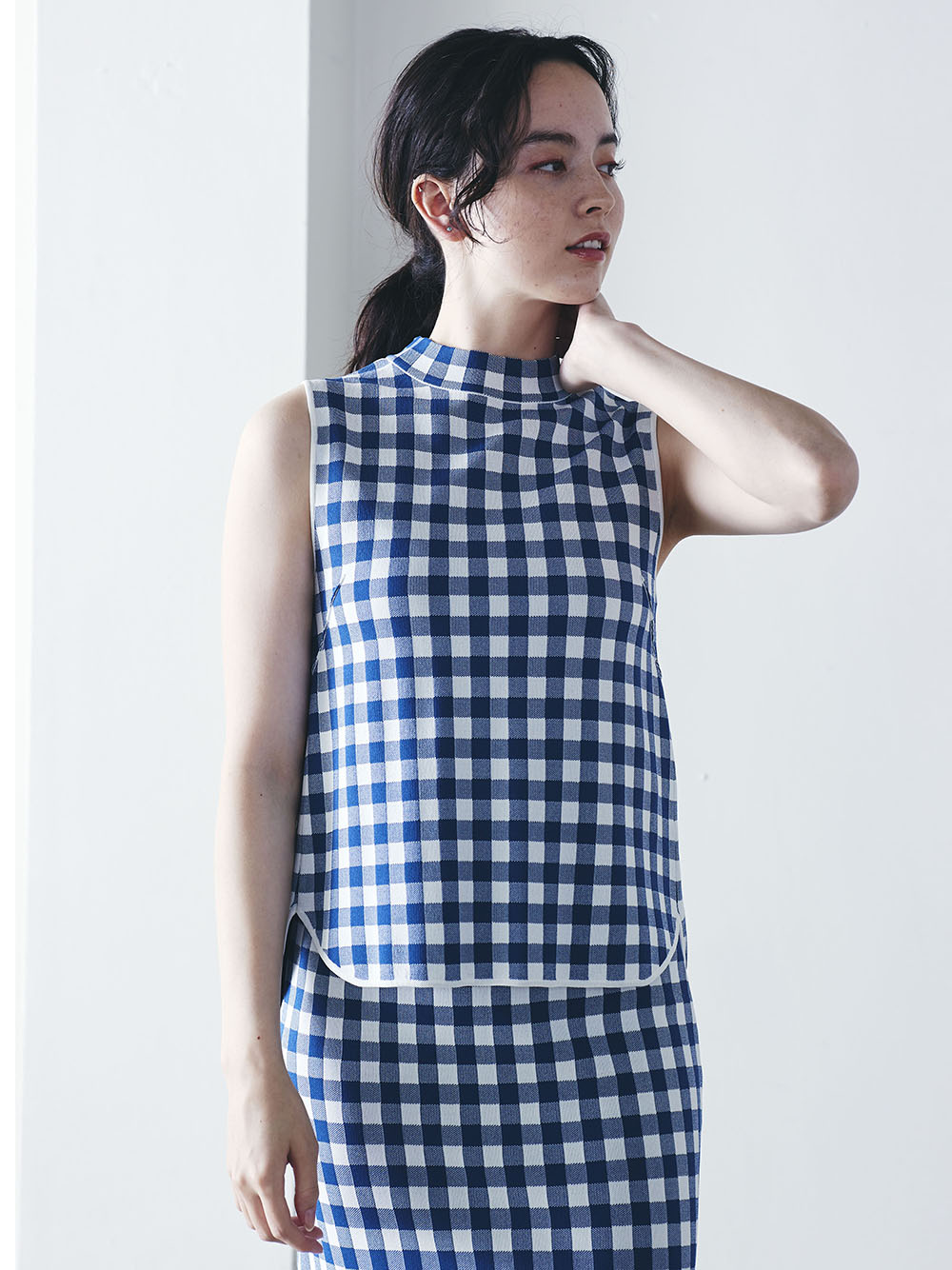 gingham check high neck top